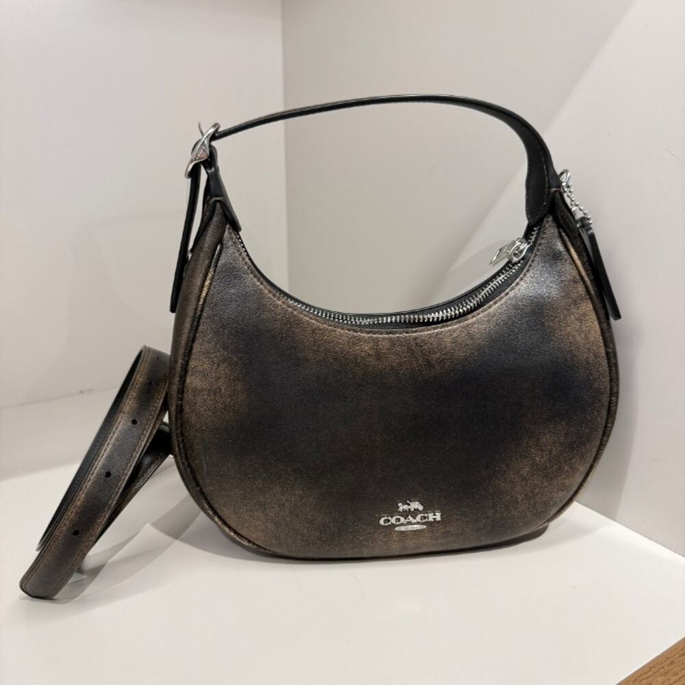 New‼️Coach Emily Shoulder Bag In Loved Leather CFO51 Silver/Black Brown